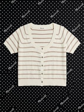 ​Madewell Striped Short Sleeve Button-Front Cardigan Sweater Cotton Cream Brown